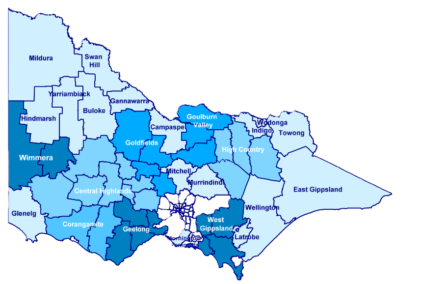 A map of library services spread throughout the state, inner melbourne is excluded due to density